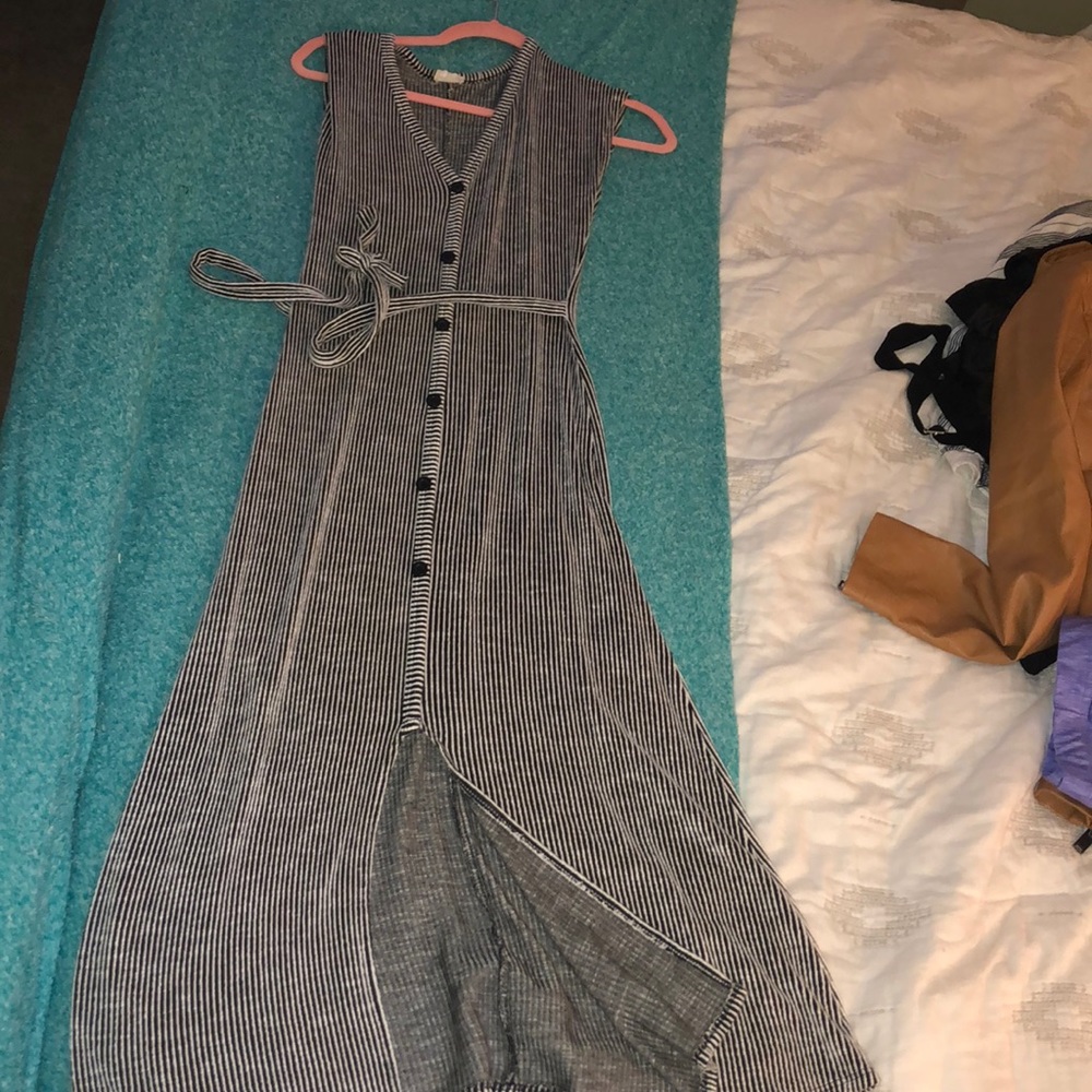 Black and white striped button up midi dress